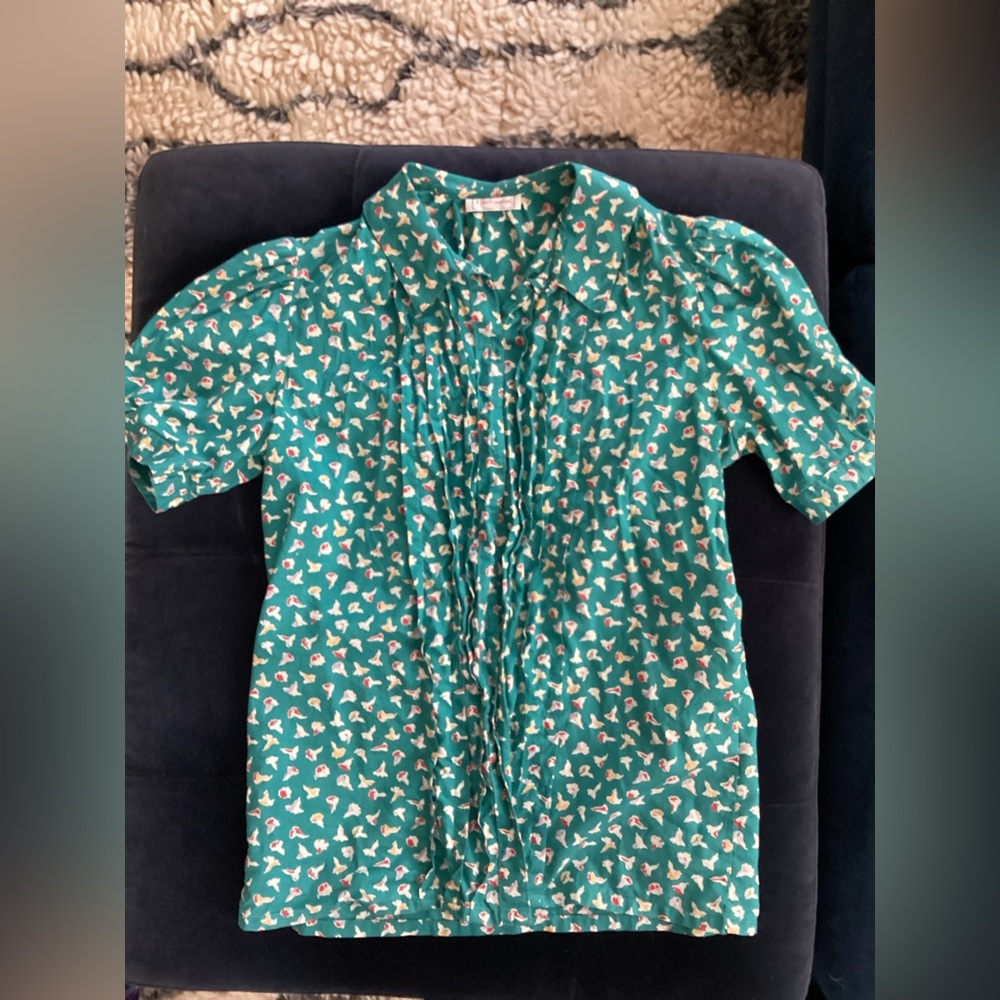 Vintage Women’s Teal Floral Button Up Short Sleeve Top by Hathaway size 10
